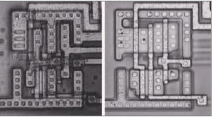 NAND門驅(qū)動(dòng)一個(gè)反向器的光學(xué)照片(包含金屬層和去掉金屬層)。